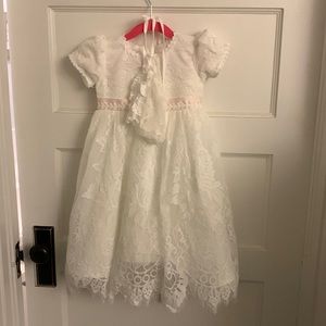 White baptism or special occasion dress for 12 month old. Includes bonnet.
